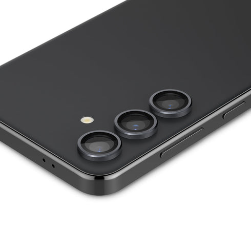 AGL07425 - Galaxy S24 Ultra Optik Pro EZ Fit Lens Protector in Black showing the camera lens protector hovering above another lens protector tray and device showing back